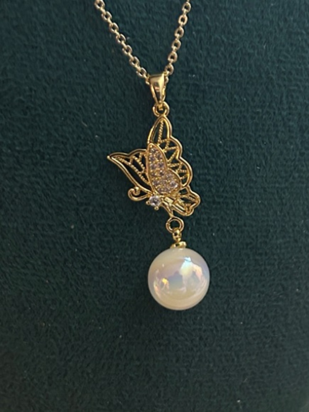 Adina Eden Gold Plated Butterfly Pendant with Faux White Pearl Drop NEW - Picture 2 of 2